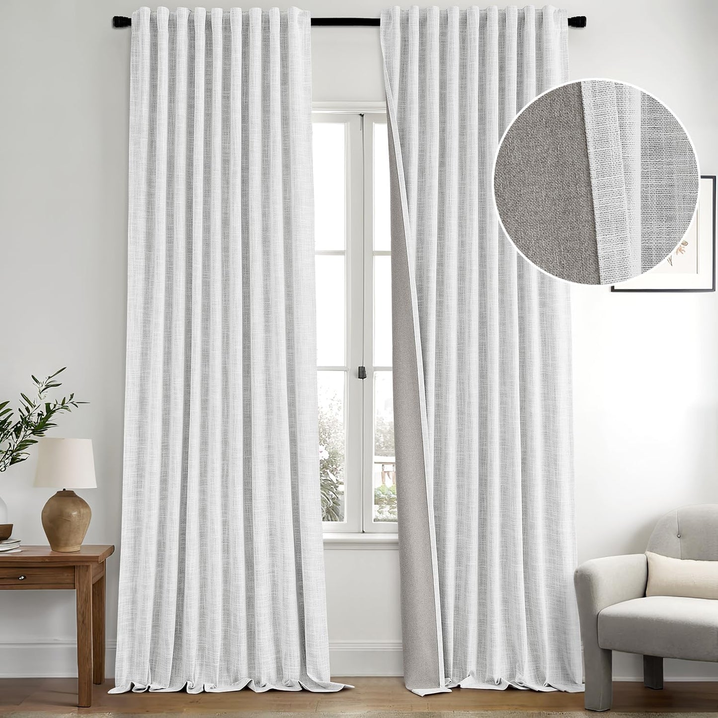 MIULEE Greyish White 100% Blackout Linen Curtains 96 Inch 2 Panels Set Double Sided No Coating Pinch Pleated Back Tab Floor to Ceiling Black Out Thermal Insulated Bedroom Living Room Darkening Drapes