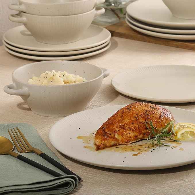 Gibson Elite Clover Hill 12-Piece Stoneware Dinnerware Set – White Cream Embossed Plates and Bowls with Matte Speckled Reactive Glaze, Service for 4 – Microwave & Dishwasher Safe