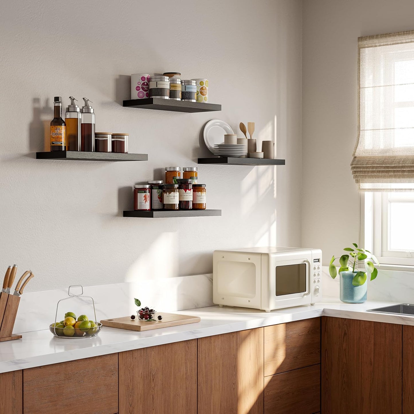 16’’Black Floating Shelves for Wall Set of 4,Rustic Wood Shelf for Room Decor/Storage/Display,Small Bookshelf,Wall Mounted Hanging Shelves for Bedroom, Bathroom, Living Room, Kitchen