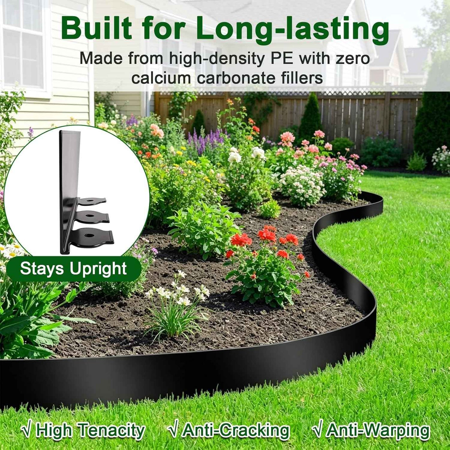 Landscape Edging Kit, 4 Inch Tall 33Ft No Dig Garden Edging Border with 50 Pcs Reinforced Spikes, Plastic Garden Barrier for Landscaping, Lawn, Yard, Flower Bed, Paver, Pathway, Grass, Black