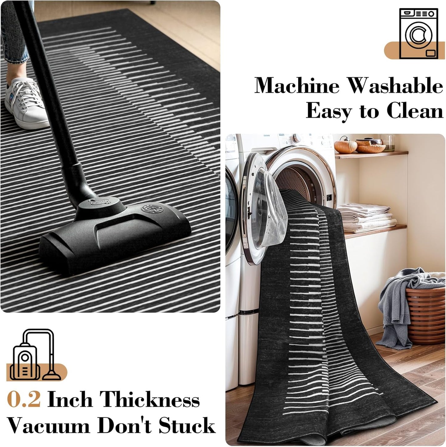 Wonnitar Striped Black Area Rugs 9x12 Living Room, Non-Slip Soft Berber Stripe Bedroom Rug, Low Pile Minimalist Floor Carpet for Dining Room Living Room Department (Black,9' x 12')