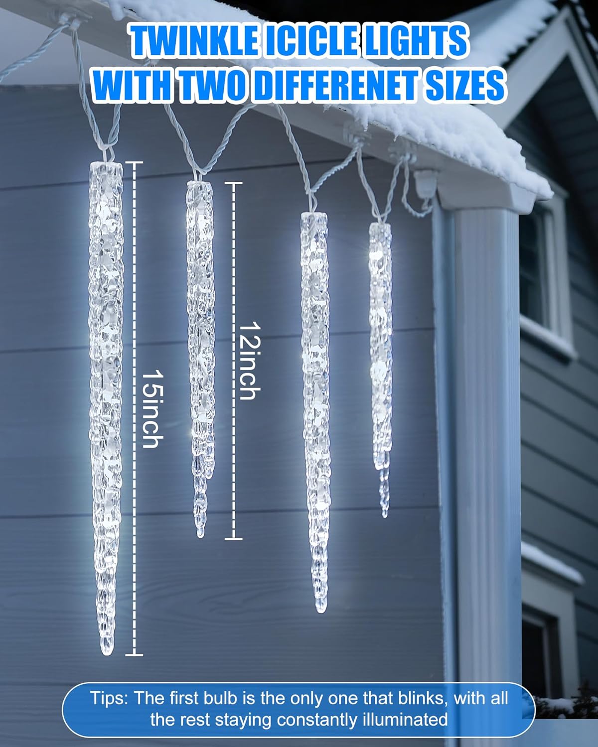 Minetom Icicle Lights Outdoor with Clips, 20ft 100 LED 20 Tubes Twinkling Icicle String Lights, Connectable Waterproof Hanging Icicle Christmas Lights Plug in for Eave Holiday Outdoor