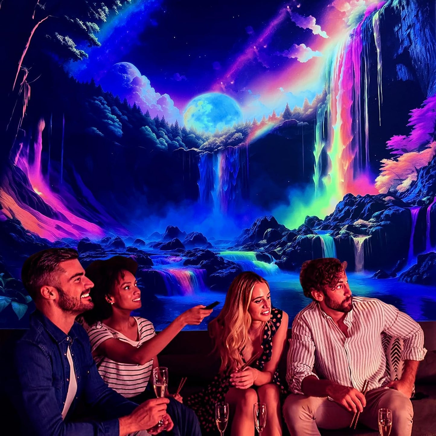 OSVINO Blacklight Rainbow Waterfall Tapestry 90"x70" UV Reactive Trippy Wall Hanging Rainbow Aesthetic Waterfall Wall Posters Bedroom Spiritual Room Decor