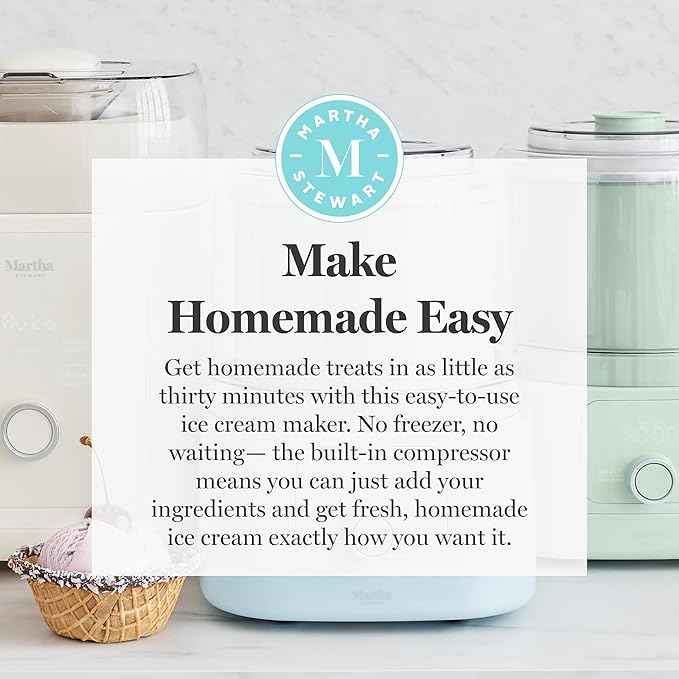 Martha Stewart 1 Quart Ice Cream Maker, Built-In Compressor, No Pre-Freezing Required, 3 Modes (Ice Cream, Sorbet, Frozen Yogurt), Automatic Mix-In Alert, Dishwasher-Safe Parts, Linen White