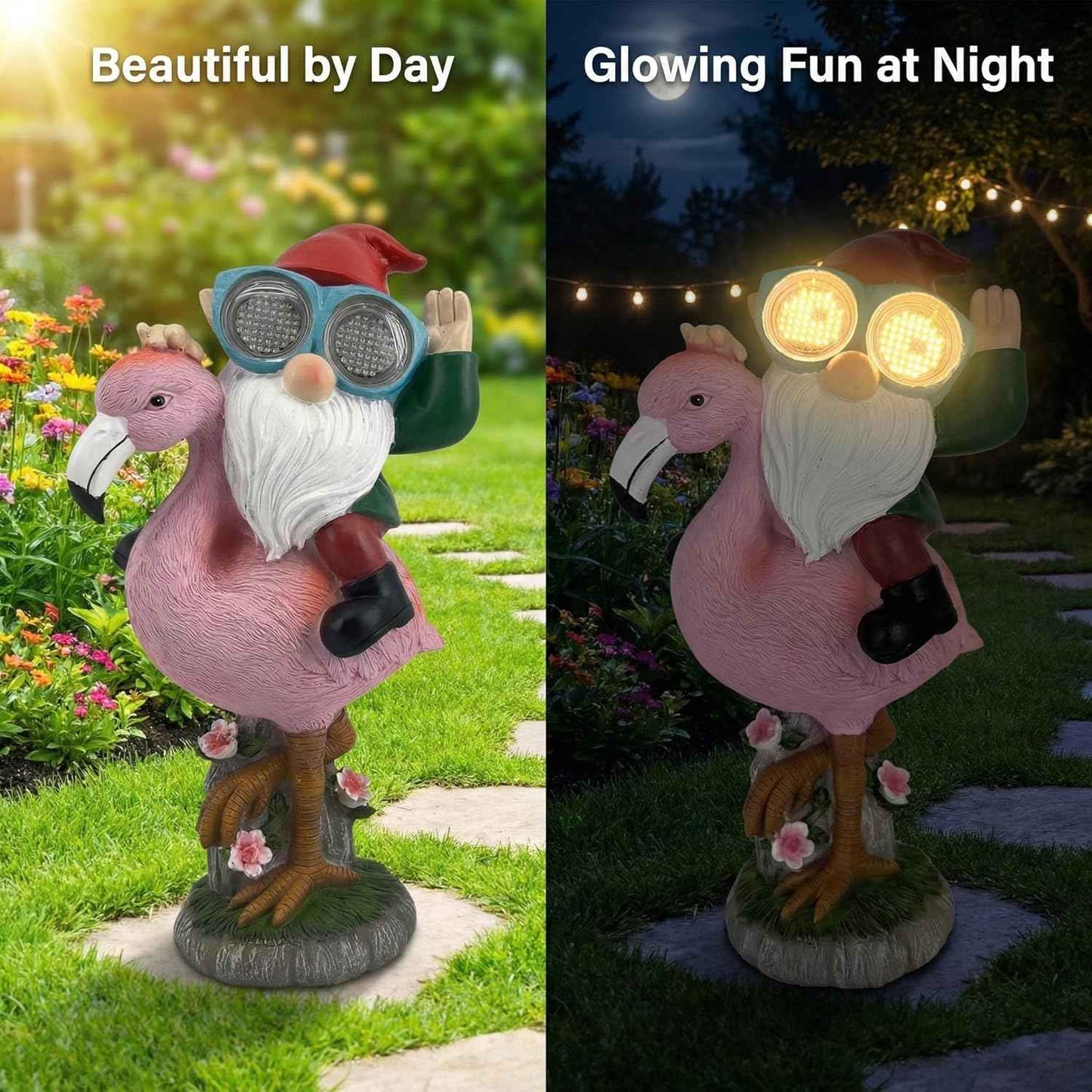iStatue Solar Flamingo Gnome Garden Statue with Blinking LED Goggles, Funny Solar Garden Decor Outdoor Lawn Ornament Unique Birthday Gifts for Mom Women Dad Men (Multicolor)