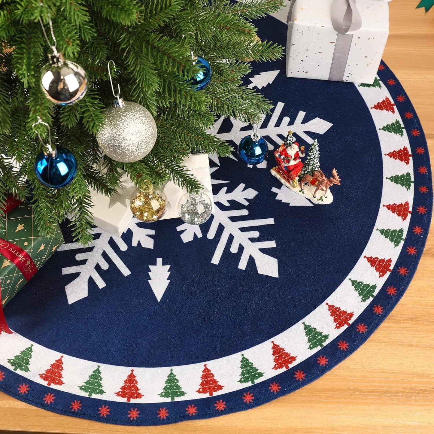 MACTING Christmas Tree Skirt, 30 Inch Round Blue Polyester Christmas Tree Skirts with Big Snowflake and Christmas Tree Printed for Holiday Party Rustic Xmas Tree Decoration