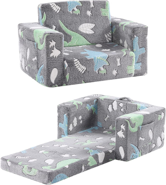 Toddler Chair Kids Couch, 2-in-1 Toddler Soft Sherpa Couch Fold Out Armchair with Removable Cover, Convertible Reading Chair Toddler Sofa for Kids, Glow in The Dark Plush Grey Dinosaur