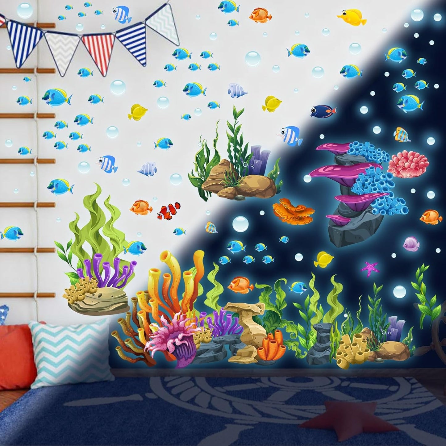 Glow in The Dark Under The Sea Wall Decals, Coral Reef and Seaweed Undersea Ocean Wall Stickers Luminous Removable Underwater Sea Wall Stickers for Kids Boys Bedroom Watercolor Ocean Creatures Decor