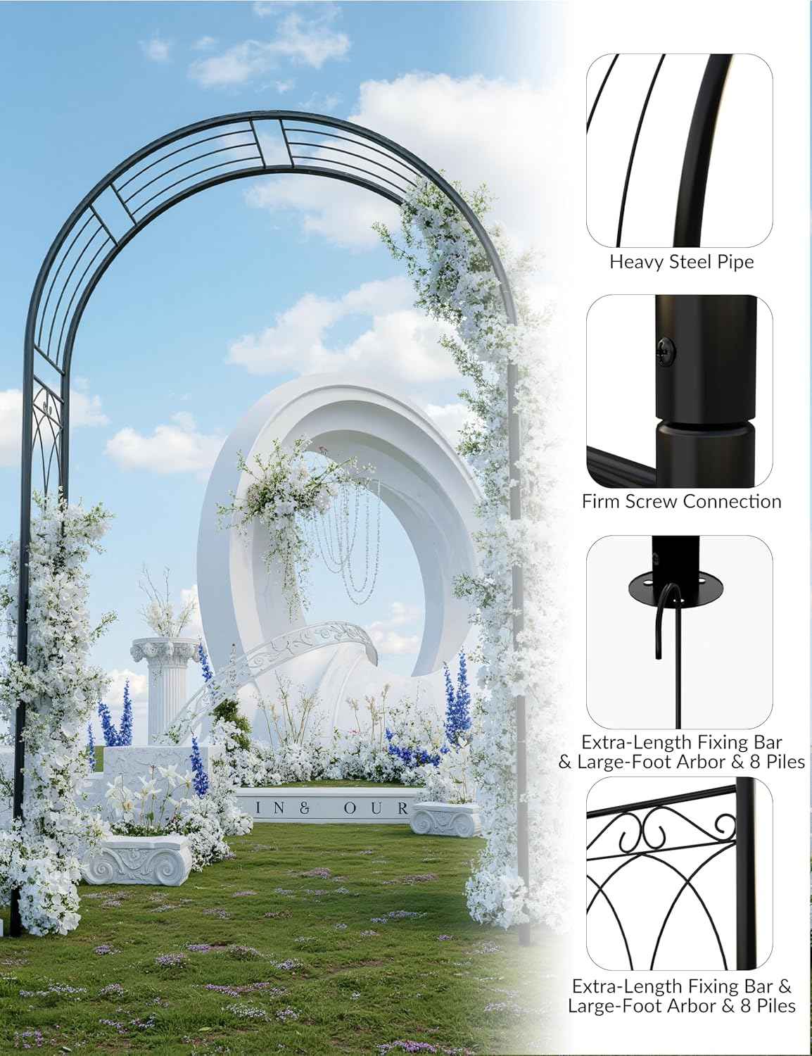 8 FT Metal Garden Arch Trellis Arbor – Wide, Rustproof Outdoor Steel Archway with Ground Stakes – Supports Climbing Plants – Perfect for Weddings, Parties, Lawn & Garden Decor – Black