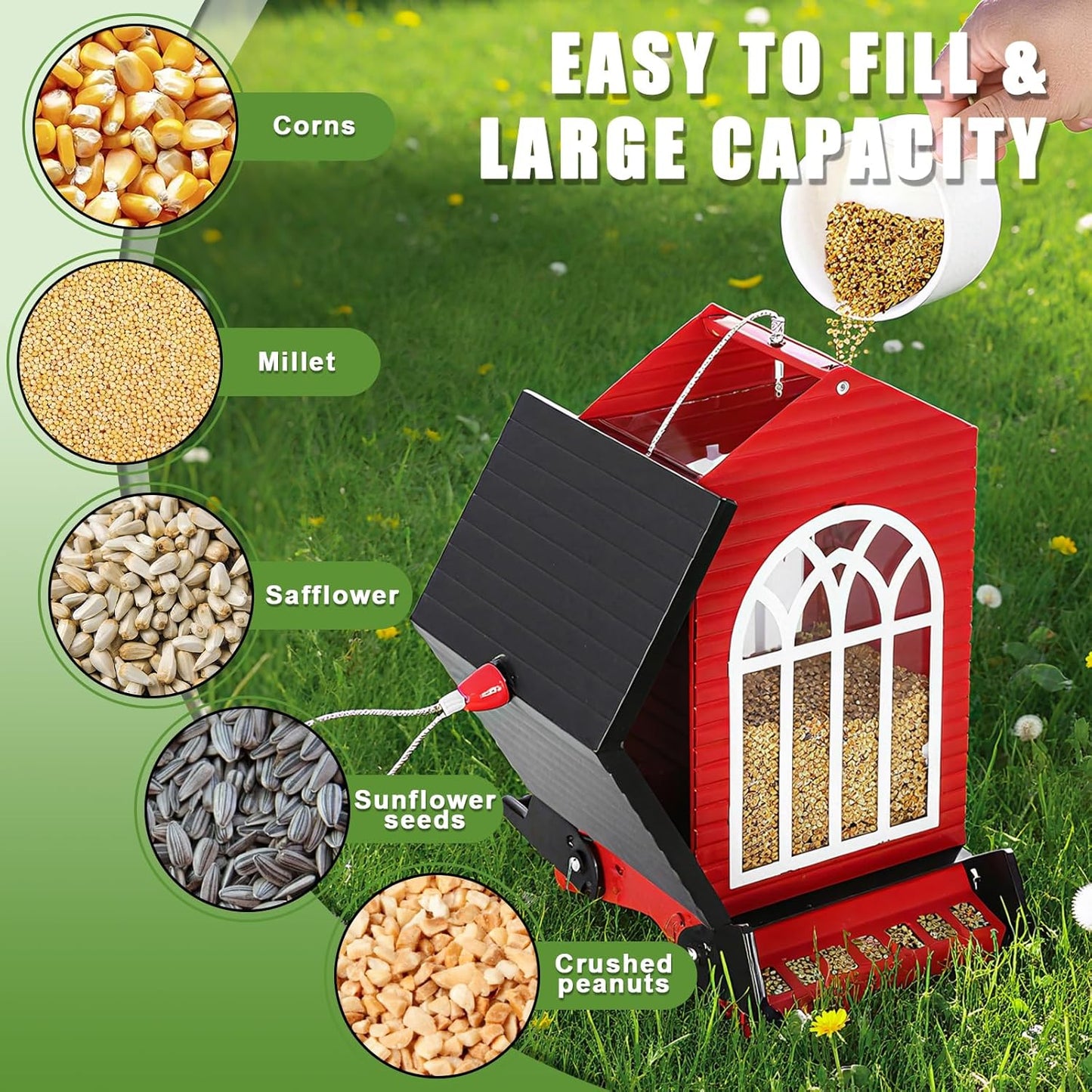 Gbekery Squirrel Proof Bird Feeder for Outdoors,5LB Large Capacity,Metal Wild Bird Seed Feeder with Bilateral Weight-Activated Perches for Outside Hanging,Finch,Cardinal,Blue Jay,Garden Decoration,Red