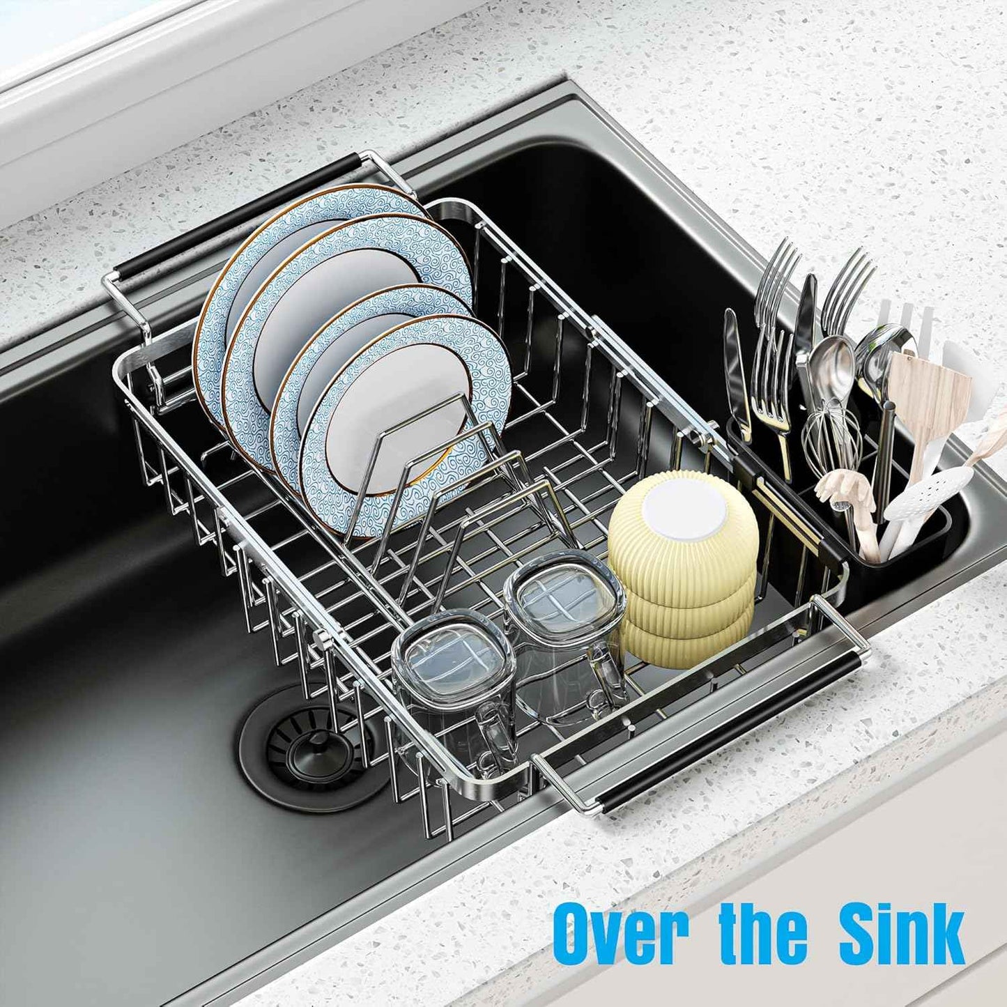 Expandable Over The Sink Dish Drying Rack, Anti-Rust Stainless Steel in Sink Dish Drainer with Cutlery Holder, Counter Space Saving Sturdy Sink Drying Rack for Many Kitchen Drain Task