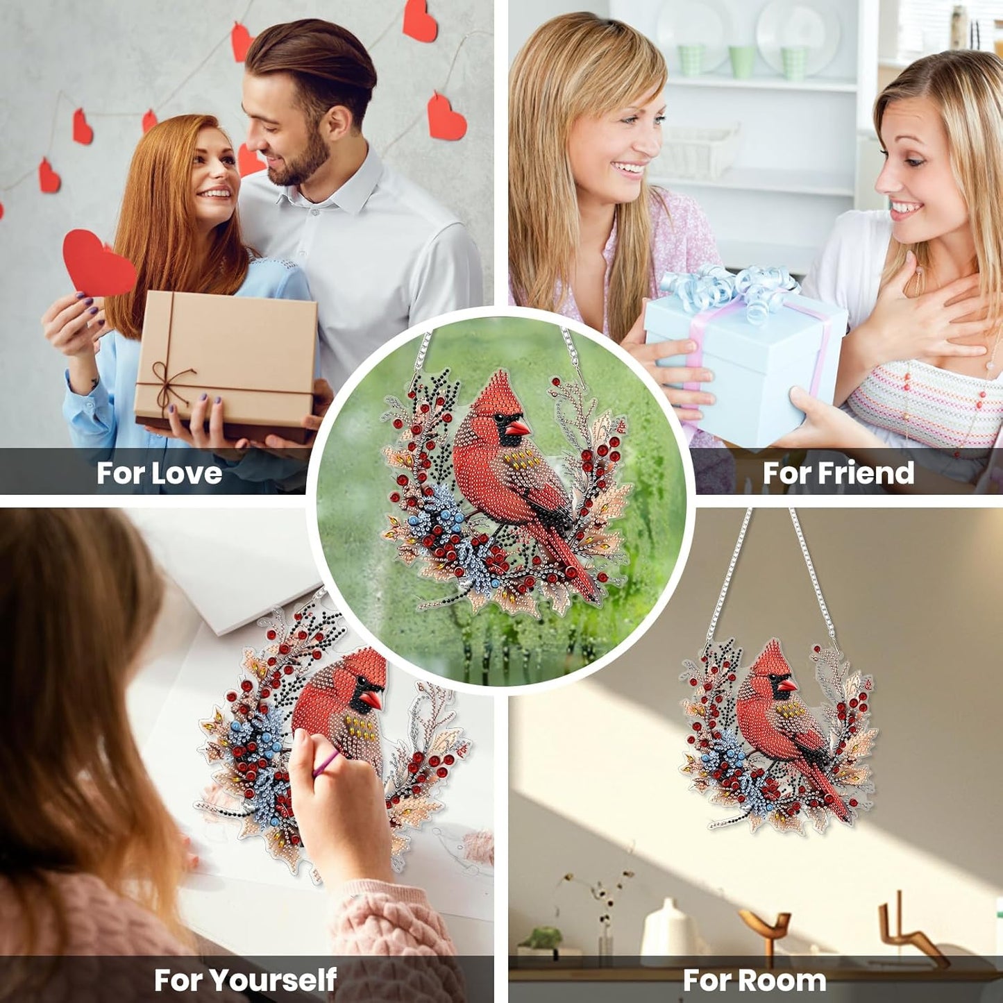 EOBROMD Diamond Hanging Art Kits for Adults Cardinal Birds, Suncatcher Diamond Art Painting, DIY Special Shaped Rhinestone Kits for Adults, Window Pendants Home Garden Wall Hanging Ornament