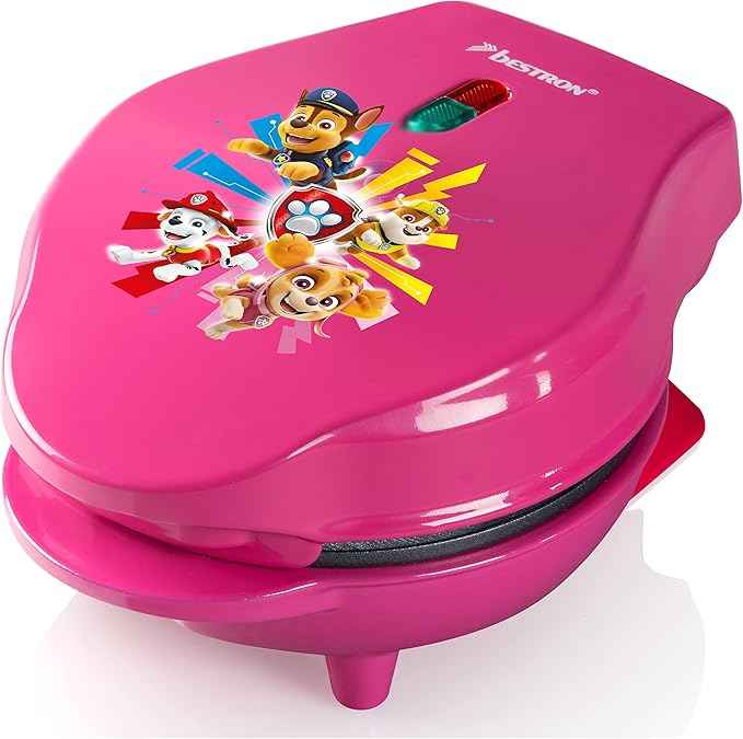 Bestron Paw Patrol waffle maker, mini waffle iron with unique Paw Patrol design, ideal for children's birthdays, Easter and Christmas, with cooking indicator, Ø10 cm, official license, color: Pink