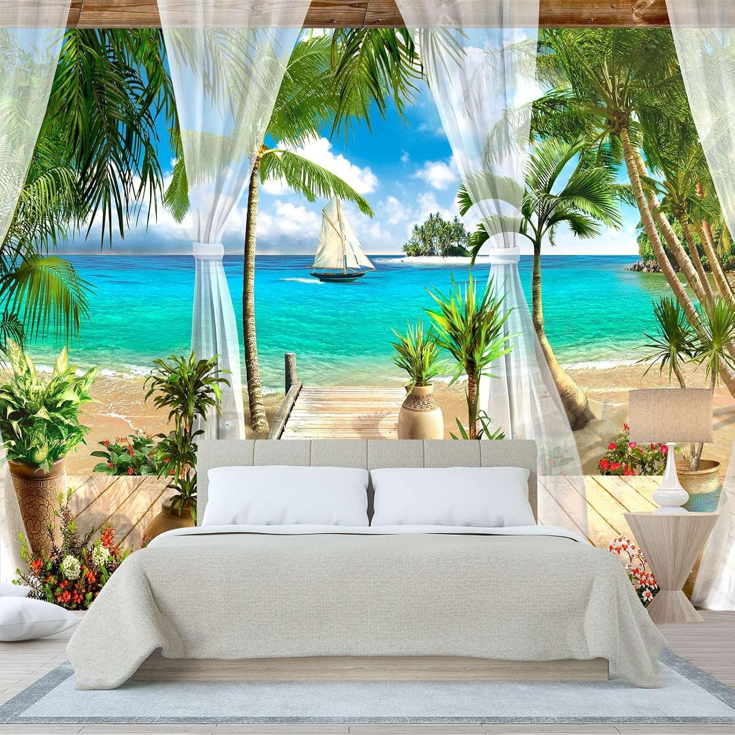 WFBHUA-Wall Mural Tropical Beach Palm Tree Wallpaper Balcony Window Seascape Landscape Wallpaper for Bathroom Living Room Bedroom (Not Peel and Stick)