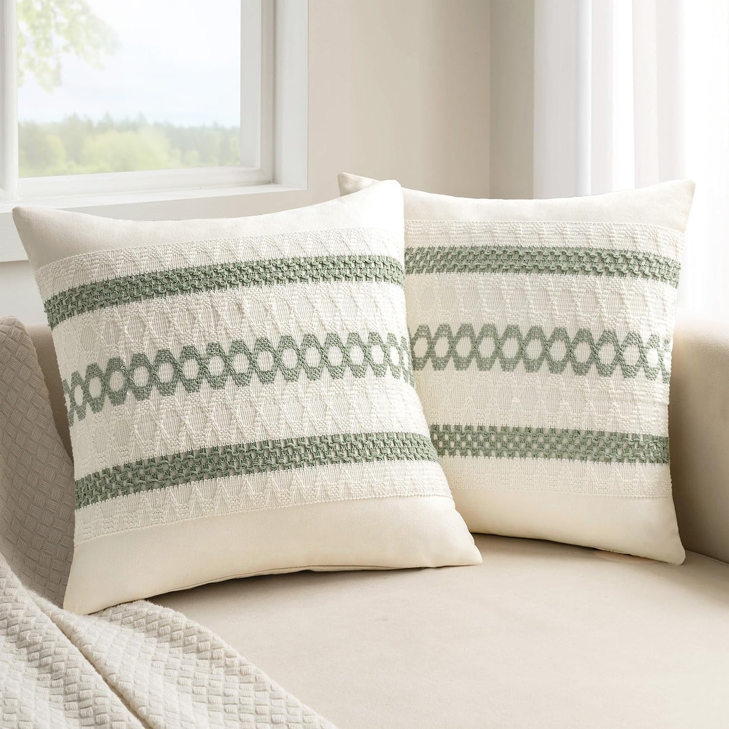 MIULEE Set of 2 Sage Green Boho Decorative Pillow Covers 22x22 Inch Farmhouse Rustic Couch Throw Pillows Modern Summer Cotton Cushion Covers Retro Cute Macrame Woven Home Decor for Bed Sofa Chair