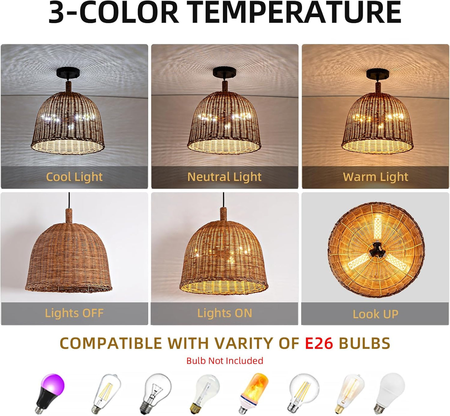 3-Light Dark Curry Rattan Pendant Light,13.77" Rustic Hanging Light,Brown Wicker Pendant Light Hand-Woven Rattan Chandelier for Workplace Dining Living Bedroom Kitchen Farmhouse