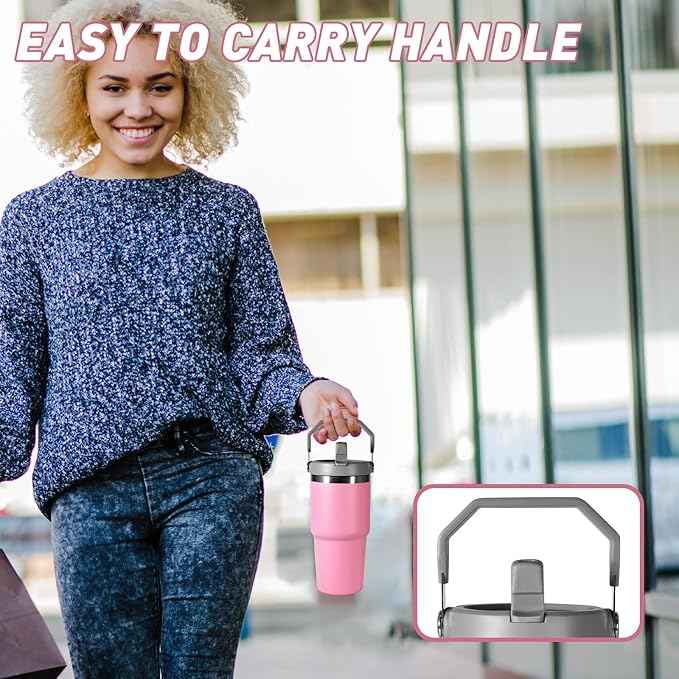 20 oz Tumbler with Handle, Insulated Tumbler with Lid and Flip Straw Leak Proof Double Wall Stainless Steel Vacuum Travel Coffee Mug Insulated Water Bottle Thermal Cup, Cupholder Friendly, Pink