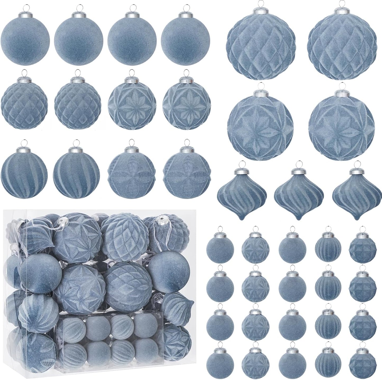 46PCS Velvet Christmas Ball Ornaments Set, Flocked Shatterproof Xmas Tree Decor, Assorted Hanging Ornaments with Loop for Holiday Home Decor, Christmas Tree, Mantel, Party Decoration (Gray Blue)