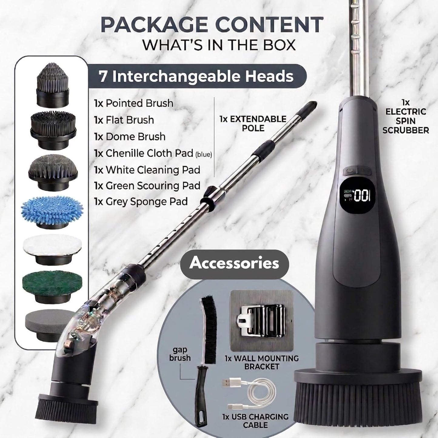 LIVINGPRO Electric Spin Scrubber with LCD Display, Cordless Cleaning Scrubber for Home, Upgraded 70W High-Power Motor, IPX7 Waterproof Dual Speed Power Scrubber, 7 Brush Heads, Extendable Long Handle