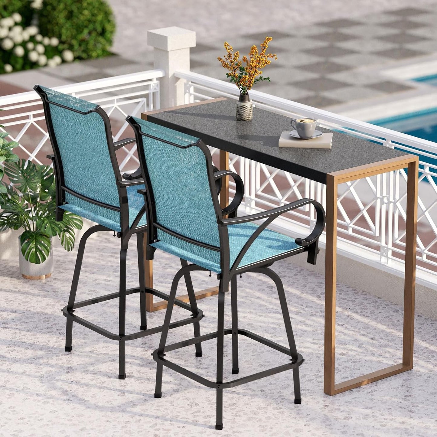 PHI VILLA 3 Piece Outdoor Bar Set, High Top Patio Bistro Table and Bar Chairs with Teal Textilene Fabric & Rustproof Metal Frame for Backyard, Balcony, Garden & Poolside