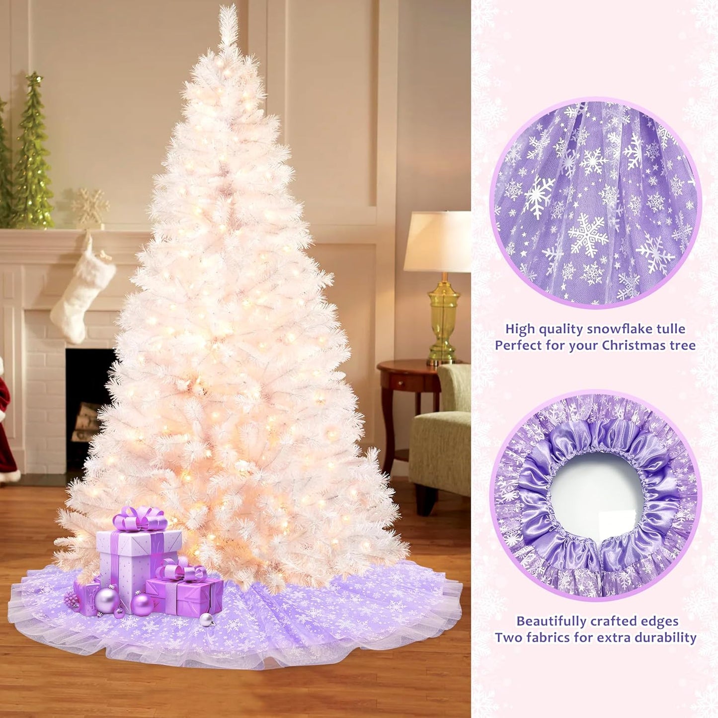 Christmas Wedding Tree Skirt, 4 Layer 45 in Snowflake Tulle Tree Decoration for Party Indoor, Fluffy Tree Cover Mat Ornament for Holiday, Purple