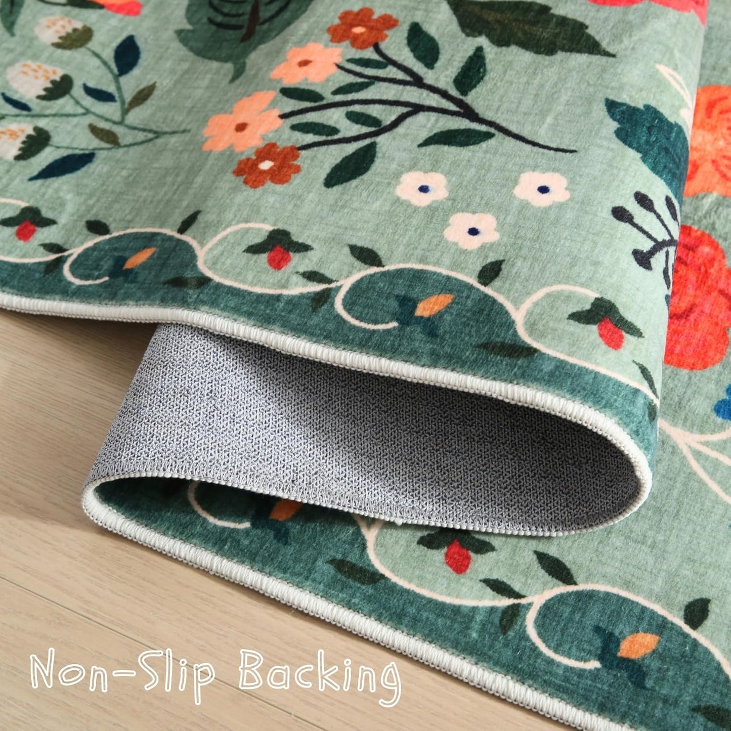 Round Rug 6ft Washable Circle Rug Non Slip Low Pile Boho Floral Small Circular Rug for Bedroom, Bathroom, Entryway, Kids Room, Office, College Dorm(Green)