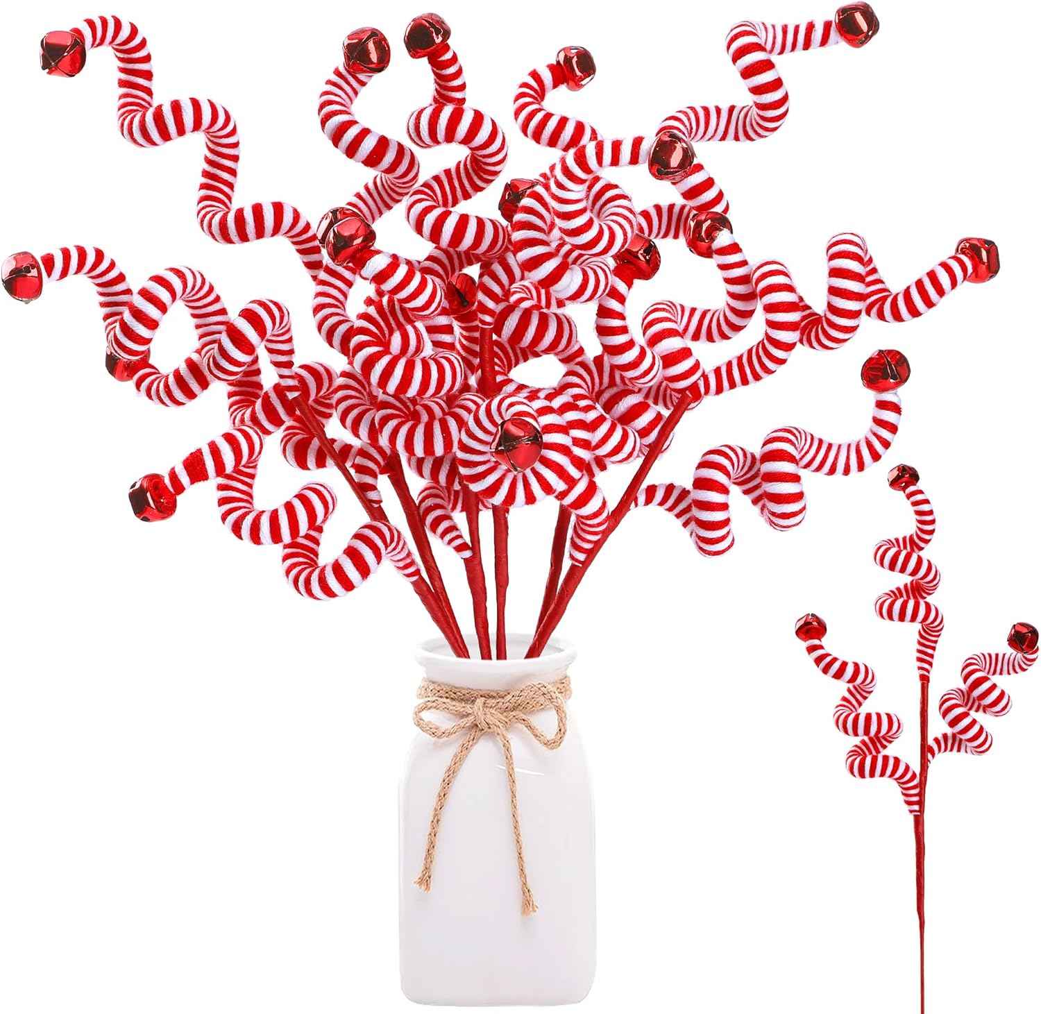 Sggvecsy 6 Pcs Christmas Tree Decoration Candy Cane Woolen Bells Candy Shape Christmas Tree Picks Christmas Bell Curly Picks Ornaments Xmas Tree Topper for Vase Filler Office Home Decor (Red)