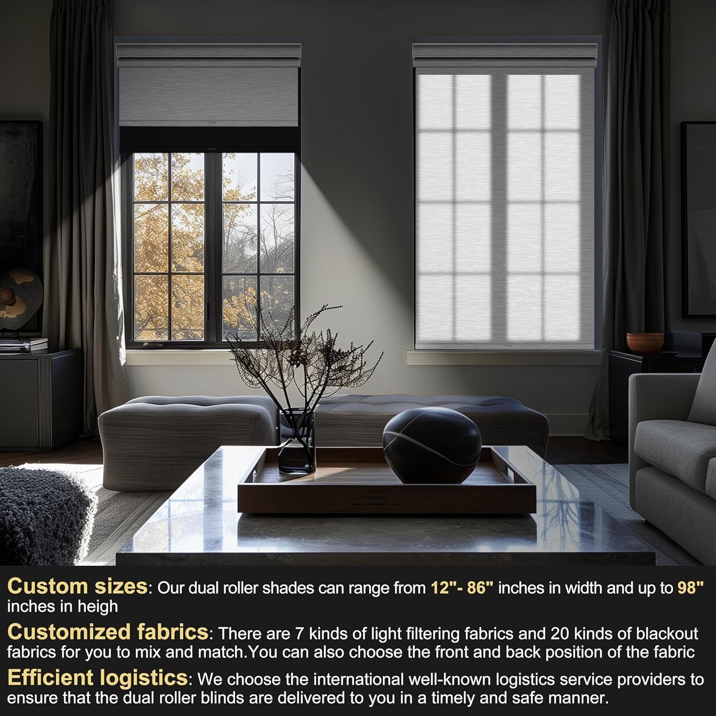 BERISSA Cordless Dual Roller Shades, Blackout & Light Filtering, Day & Night for Home & Office. Linen, Black & White. 41 W x 36" H