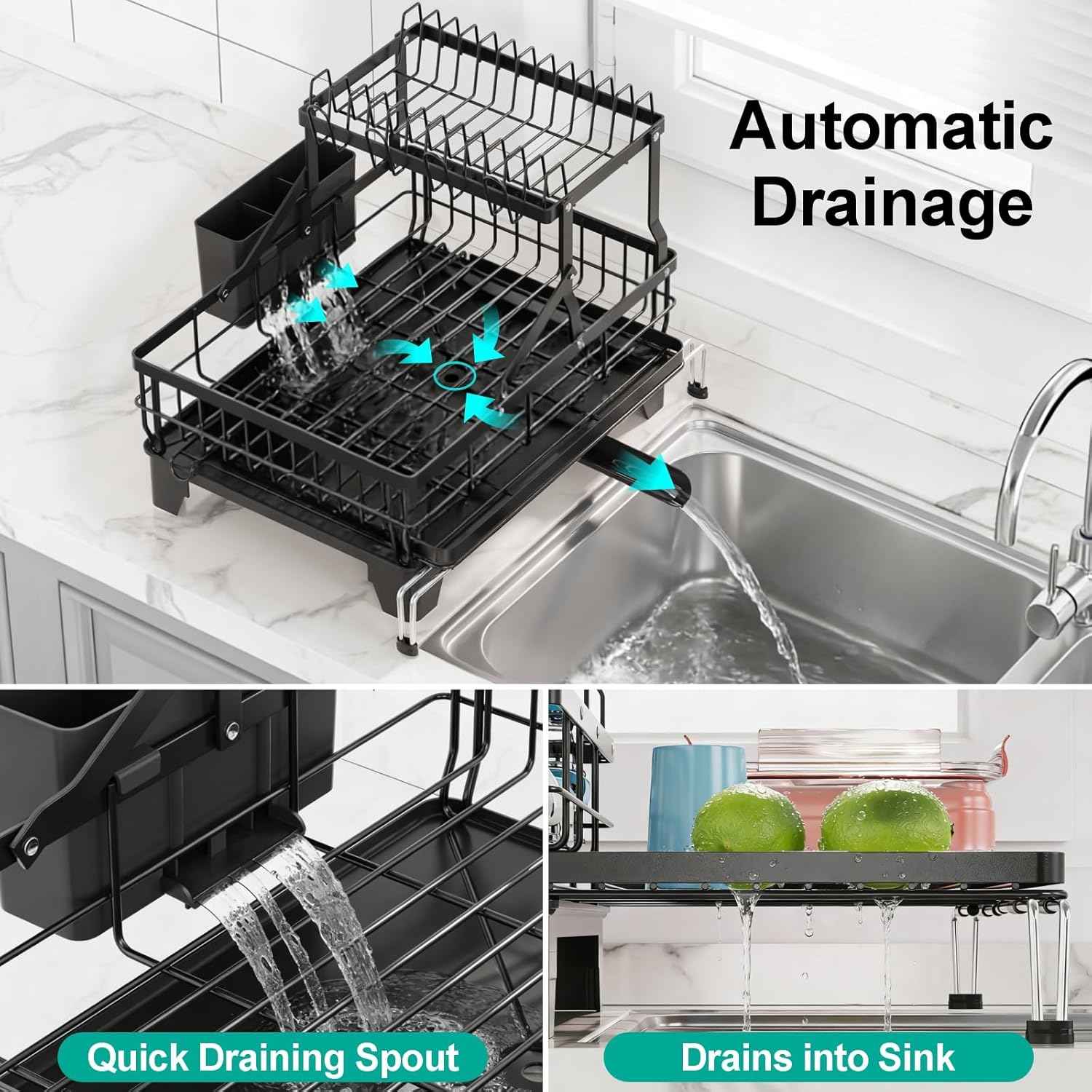 iSPECLE 2 Tier Dish Drying Rack for Kitchen Counter, Expandable Large Dish Drainer with Drainboard Set, Rust Resistant Dish Rack with Utensil & Cup Holder, 16.9" W x 14.4"-22.4" L, Black
