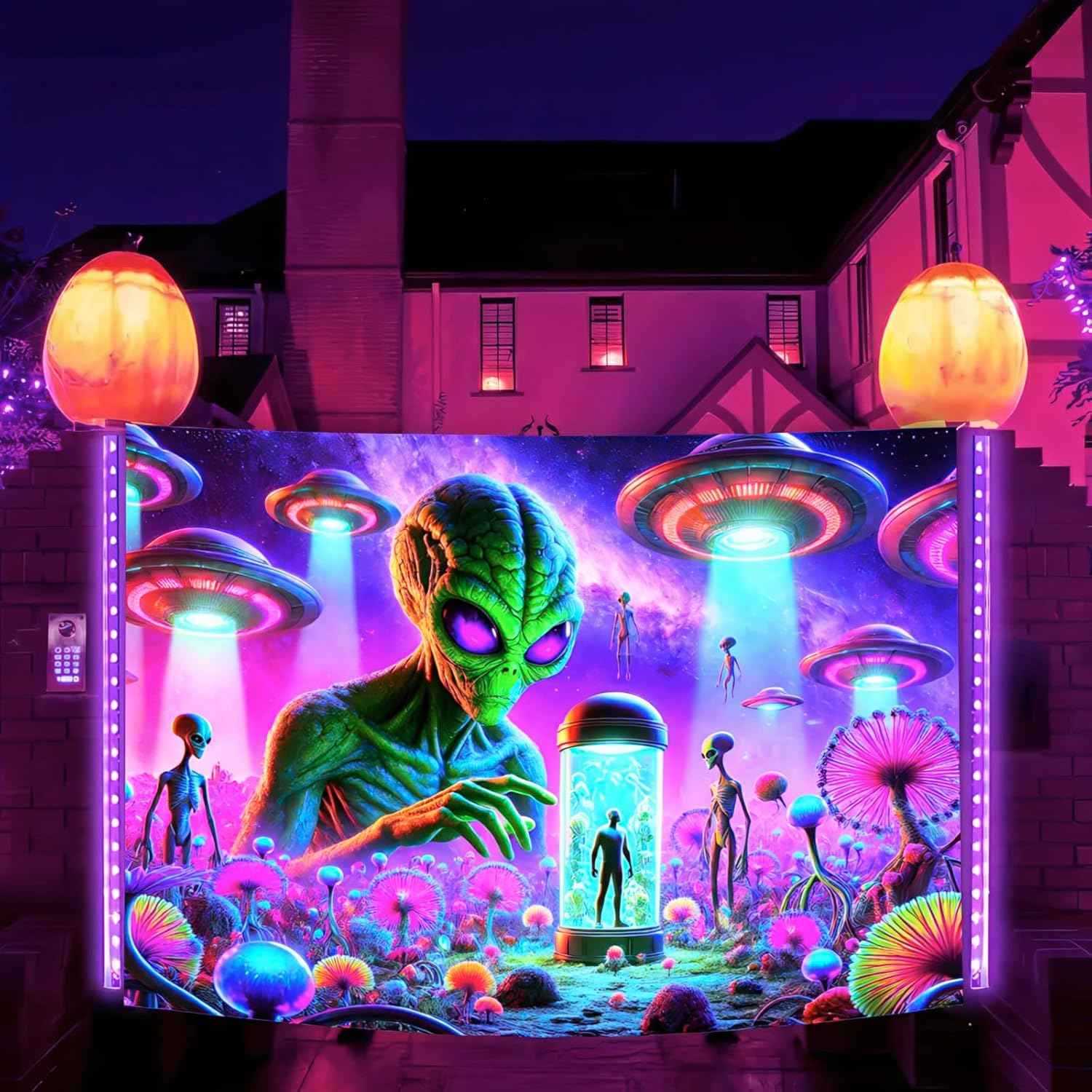 BlissYard Neon Alien UFO Black Light Tapestry Cosmic Sci Fi Mushroom Planet UV Reactive Psychedelic Space Blacklight Tapestry Wall Hanging for Bedroom Living Room Dorm Game Room Party Decor 78x59 Inch