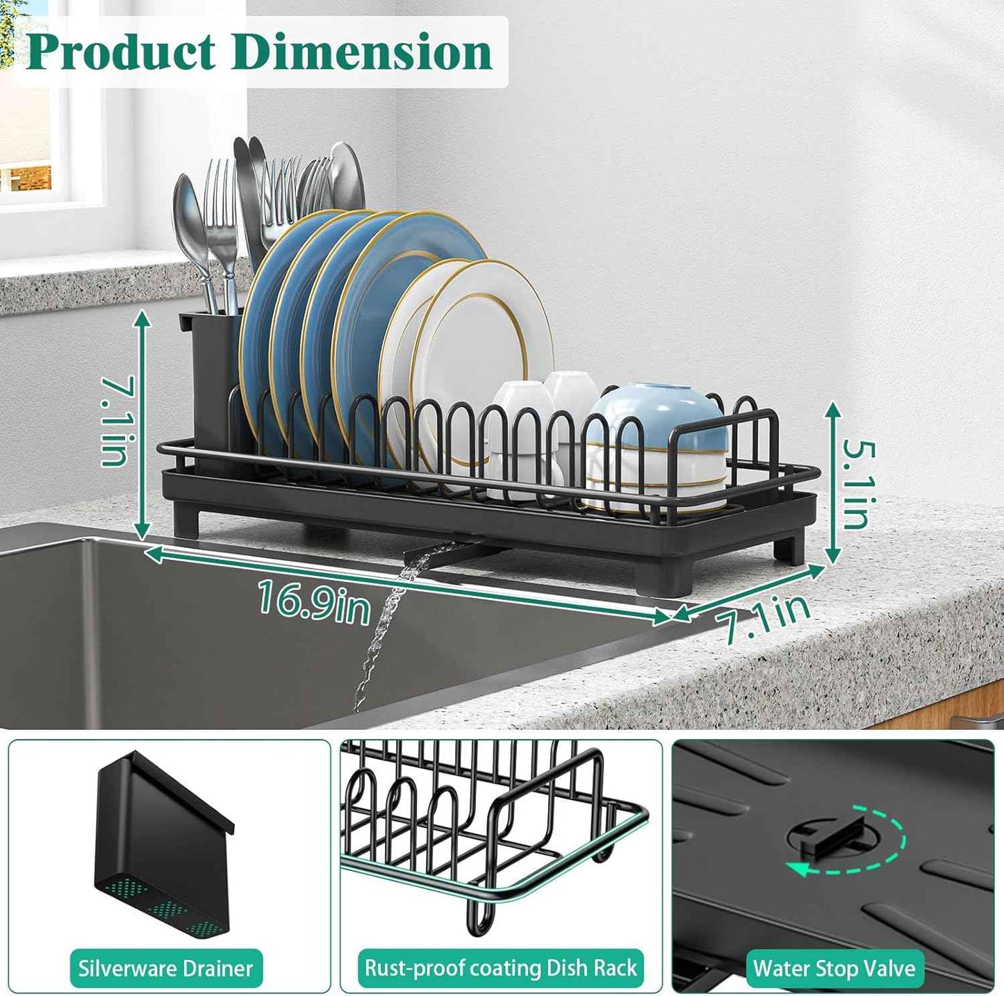XYZLVSI Small Sink Dish Drying Rack with Drainboard, Compact Dish Drainer for Kitchen Countertop, Rustproof Plate Organizer with Utensil Holder, Black