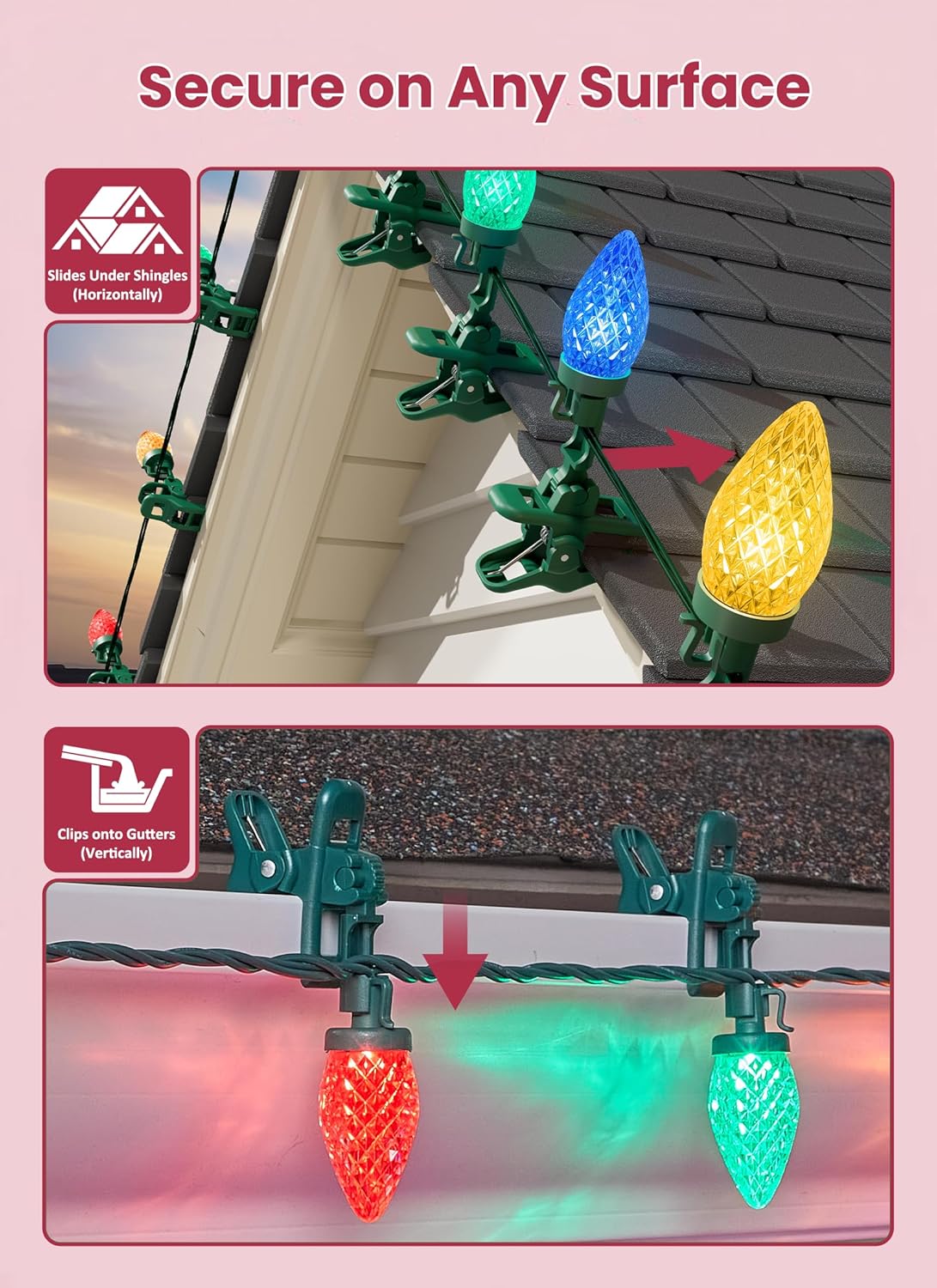 C9 LED Christmas Lights Outdoor, 68 Feet 100 LED Strawberry String Lights with 100 Spring Clamps, Waterproof Commercial Grade Extendable for Outside Roofline Patio Home Xmas Decoration, Multicolor