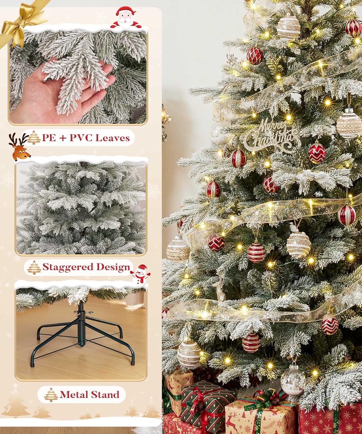 Decoway 6ft Artificial Christmas Tree, Unlit Snow Flocked Xmas Tree with 1571 Branch Tips and Sturdy Metal Stand for Indoor Outdoor Home Decoration