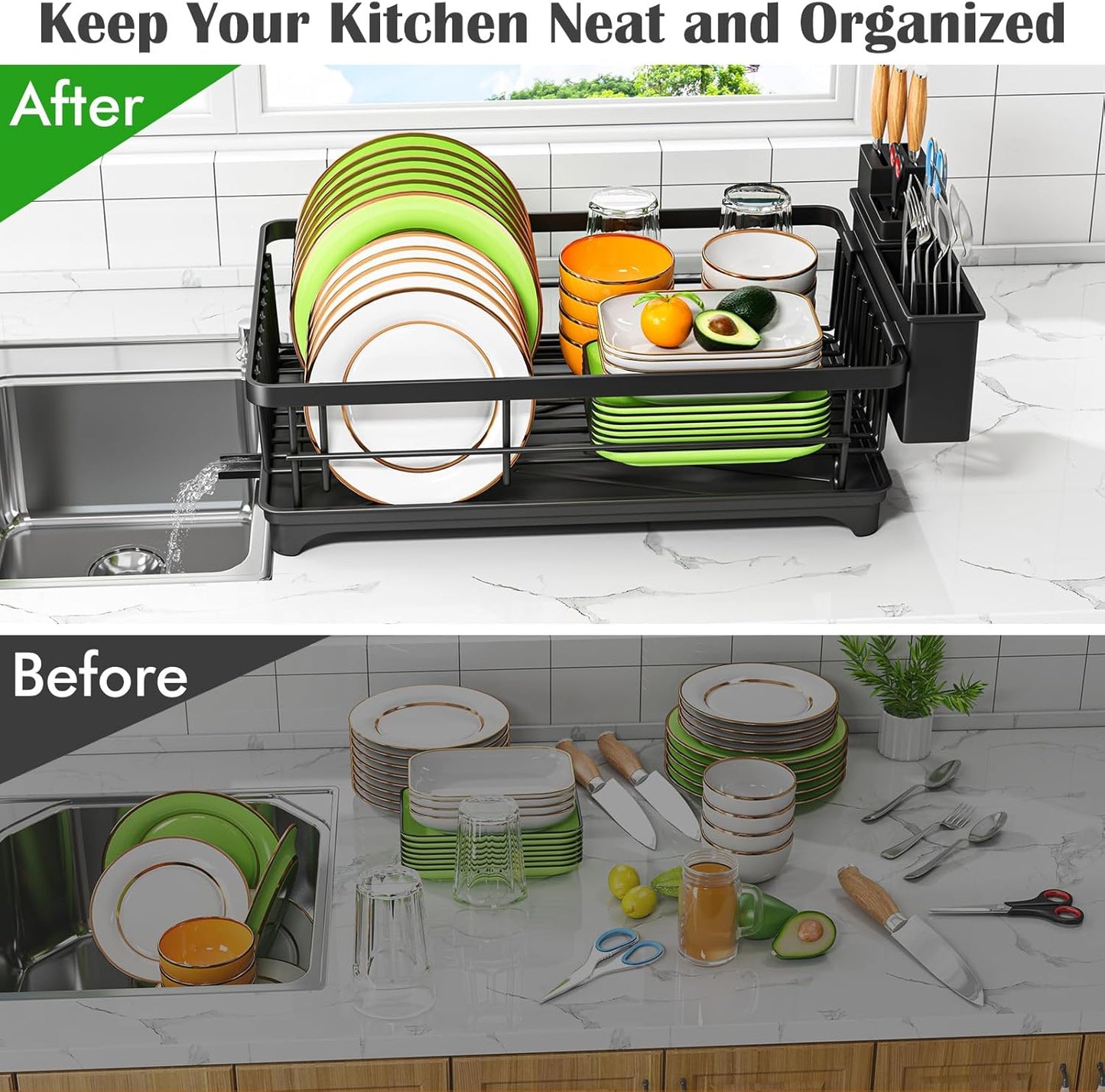 Kmiectse Dish Drying Rack - Space-Saving Small Dish Rack for Kitchen Counter, Rust-Resistant Kitchen Drying Rack, Compact Dish Drainer Organizer with Utensil Holder for Home Kitchen, Black