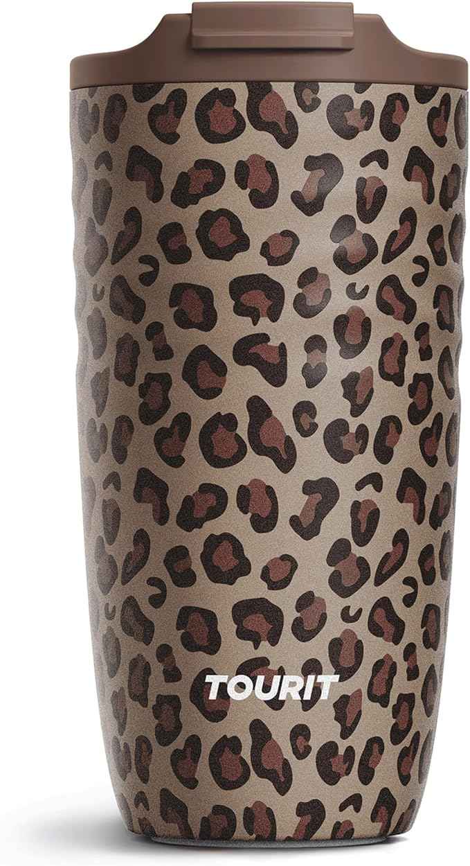 TOURIT 16 oz Travel Coffee Mug, Insulated Stainless Steel Travel Mug with Lid, Leak-Proof Double-Wall Vacuum Tumbler, Reusable Coffee Cup - Brown leopard
