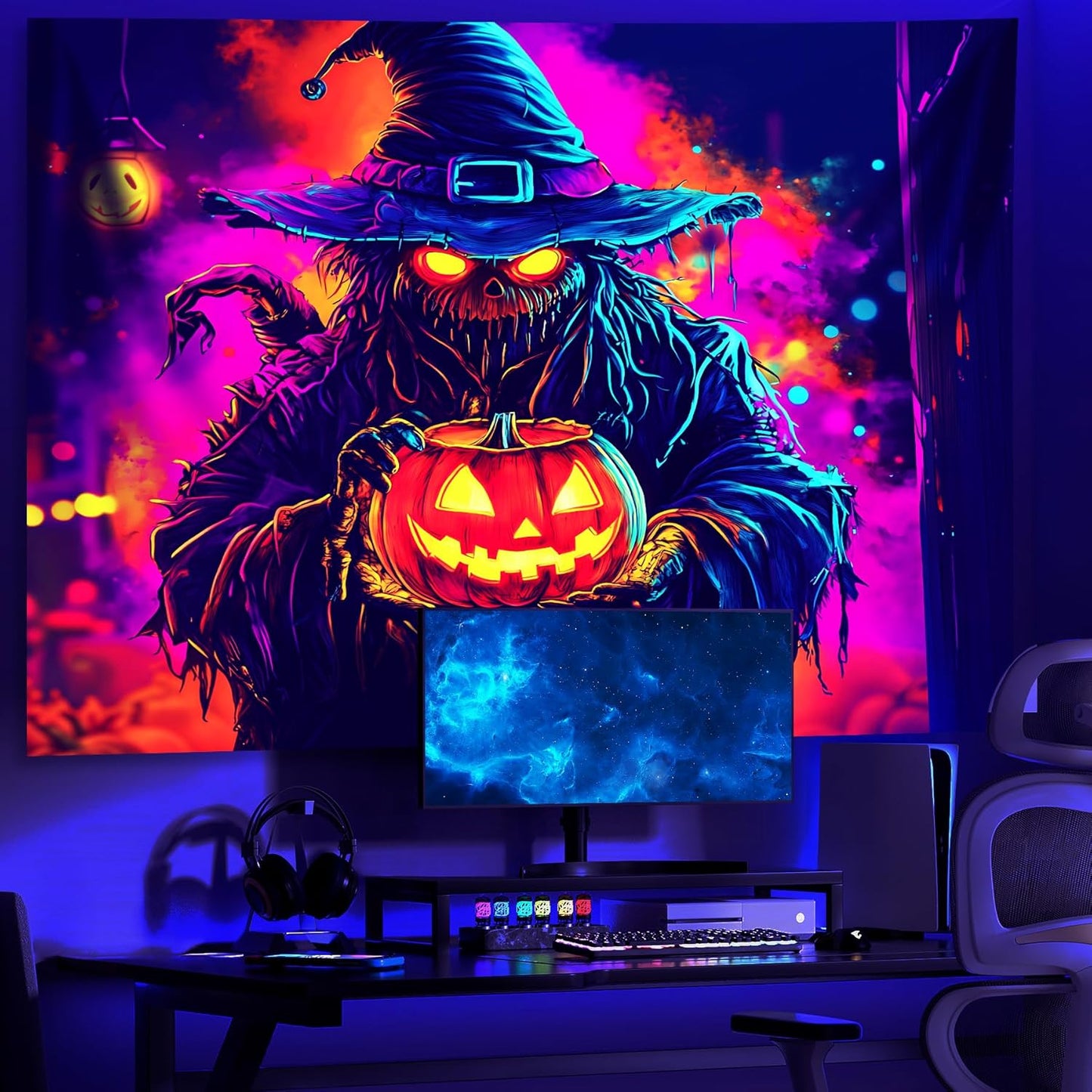 AOHMPT Glow-in-the-Dark Halloween Tapestry - UV Reactive Black Light Wall Hanging Decor for Spooky Parties, Bedroom, Living Room (Scarecrow-Pumpkin, 59" L x 51" W, Unframed)