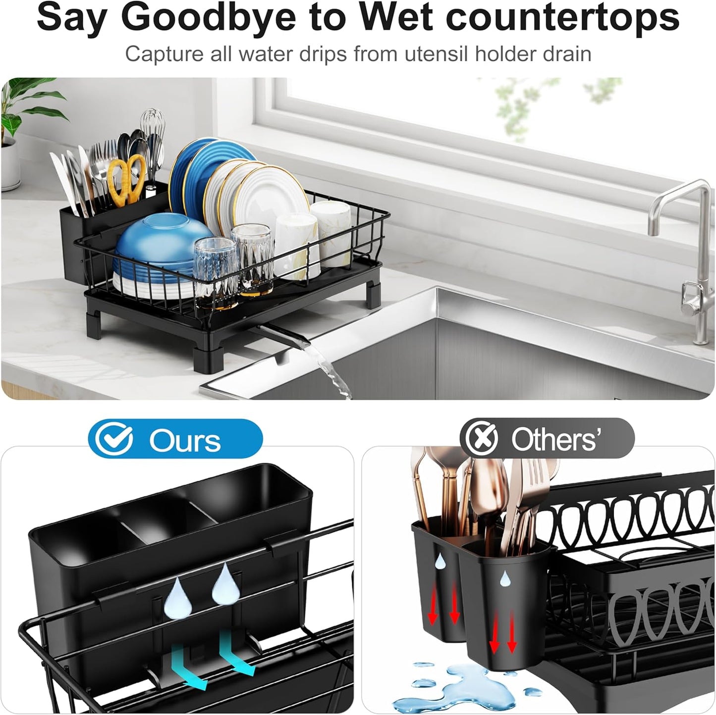 GSlife Small Dish Drying Rack for Kitchen Counter with Drainboard - Compact Dish Drainer for RV, Camper and Apartment, Rust-Resistant Wire Rack with Utensil Holder, 15"L x 10"W, Black