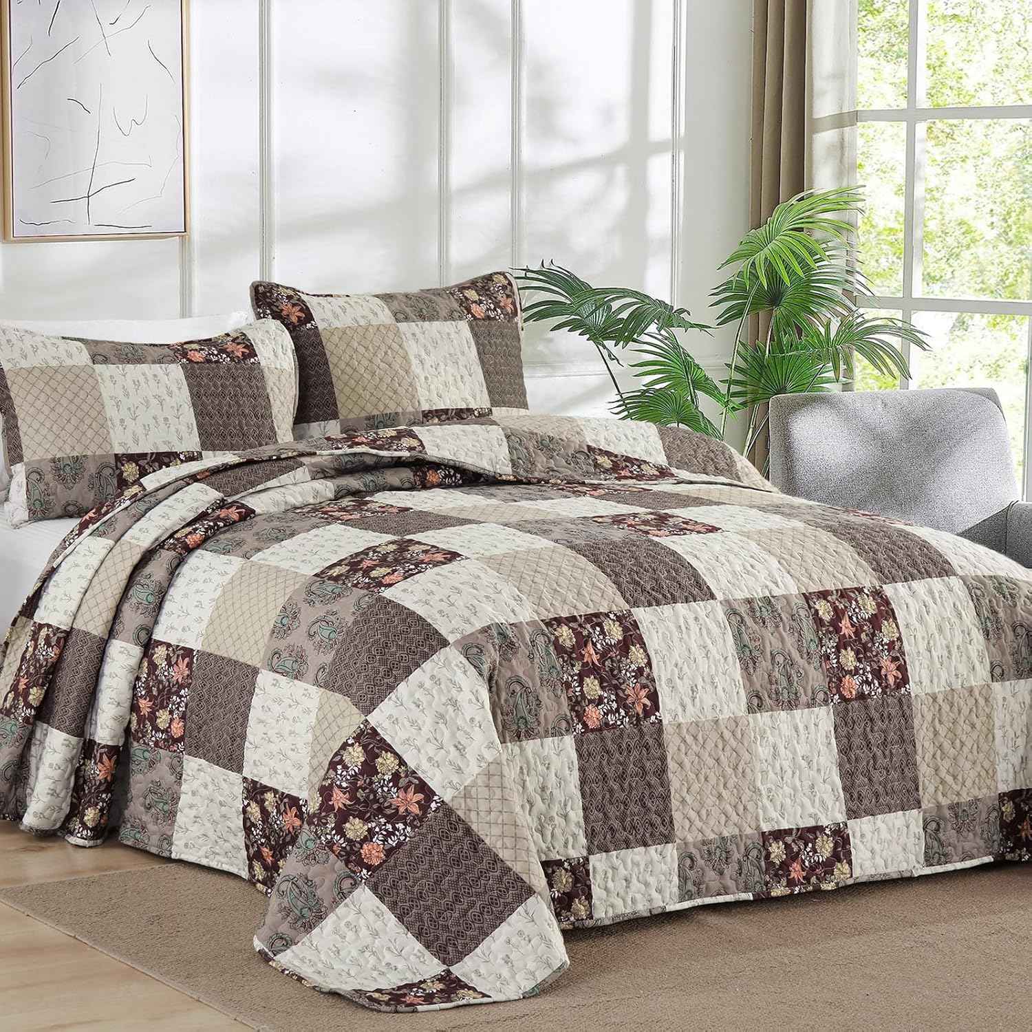 Xruibed Floral Plaid Patchwork Fall Quilt Set Queen Size 3 Pieces Taupe Beige Khaki Bedspread Set Reversible Quilt Bedding Set Microfiber Bedding Bedspread Coverlet Set for All Season(Queen 96"x90")