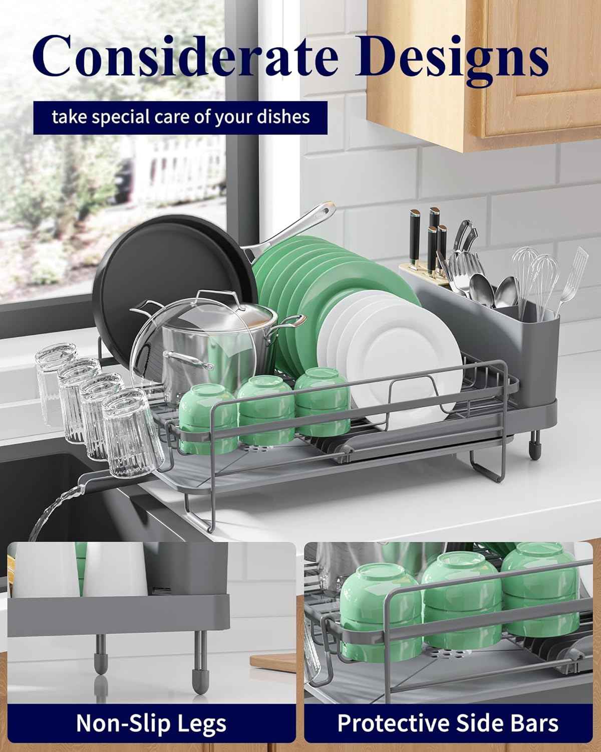 Kitsure Extendable Dish Drying Rack, Large Drying Dish Rack with Cutlery & Cup Holders, Multifunctional Dish Racks for Counter with Drainage, 18.2"-25.7" L x 12.9" W, Grey