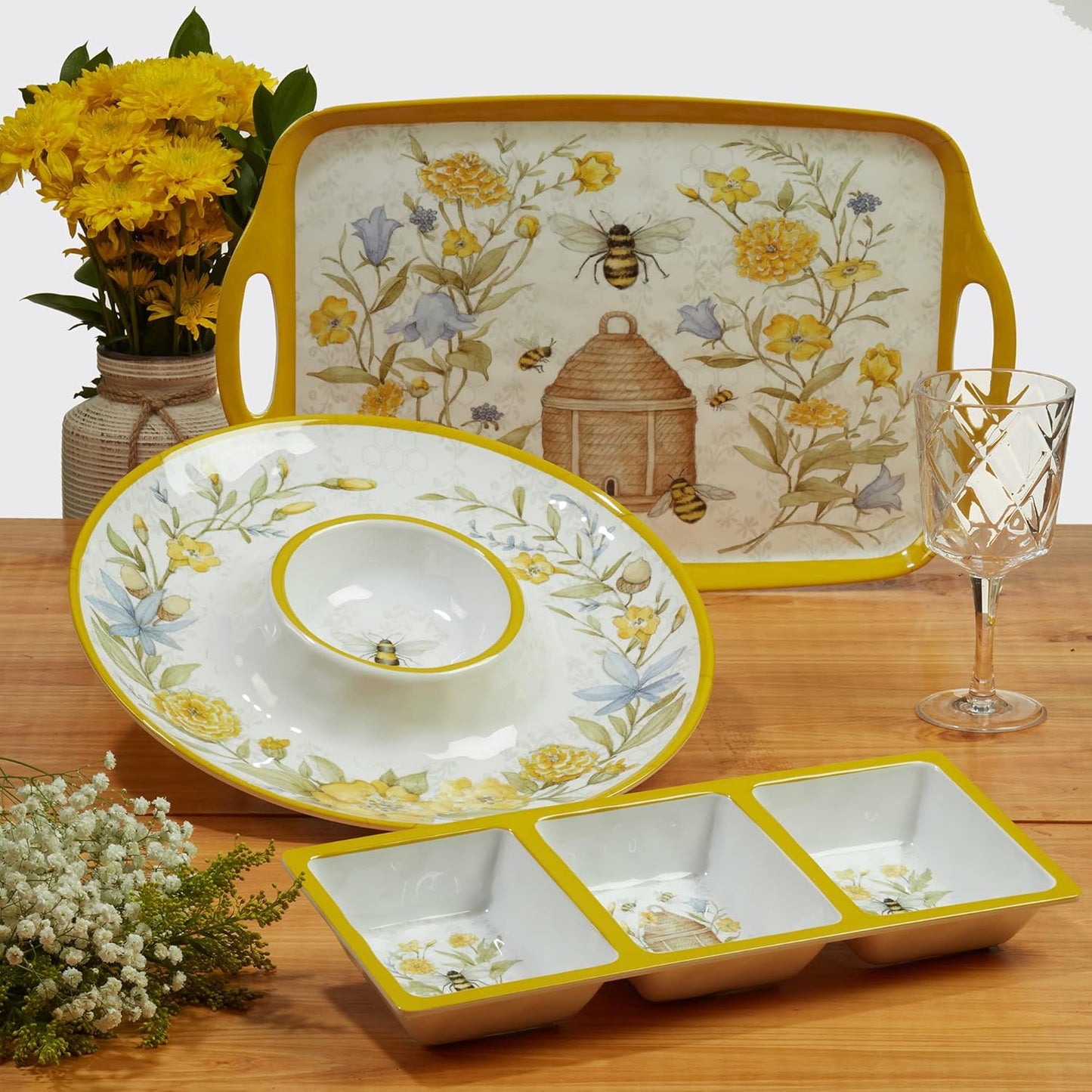 Certified International Bee Sweet 12-Piece Melamine Dinnerware Set, Service for 4, Bee & Floral Plates and Bowls, Durable Shatterproof Outdoor Tableware for Spring & Summer Entertaining