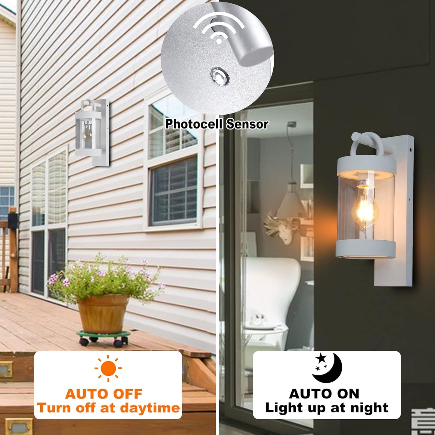 2 Pack Outdoor Wall Lantern with Dusk to Dawn Photocell Sensor,White Exterior Porch Light Fixture Wall Mount Lamp for House Garage Patio