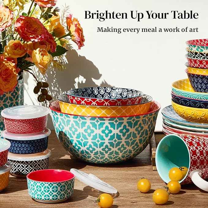 DOWAN Mixing Bowls, Ceramic Mixing Bowls for Kitchen, Colorful Vibrant Nesting Bowls for Cooking, Baking, Prepping, Serving, Salad, Housewarming Gift, Microwave Dishwasher Safe, 3.7/2/1 Qt, Set of 3