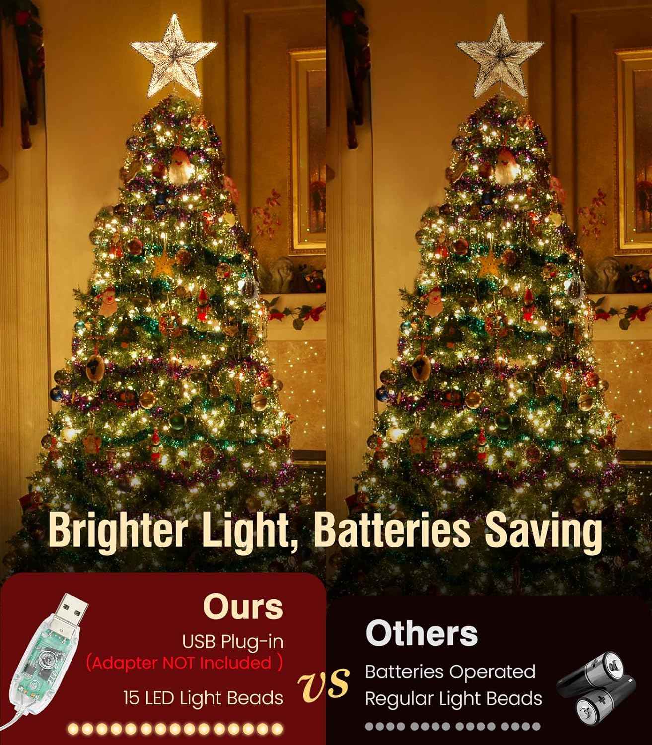 Luxspire Christmas Tree Topper, 3D Lighted Christmas Tree Star with Remote & USB, Star for Christmas Tree Top, 9.8" Xmas Star for Holiday Decorations, 6H Timer & 8 Lighting Modes, Silver