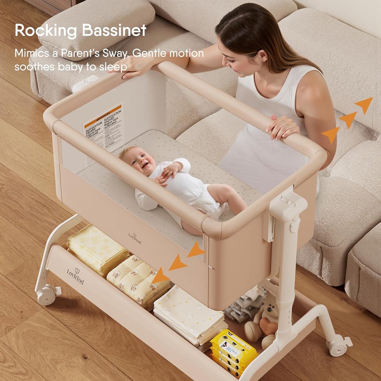 3-in-1 Baby Bassinet, Rocking Bassinet, Bedside Bassinet for Baby, Stable and Secure Bassinet Bedside Sleeper for Newborn & Infant, 6 Height Adjustable with Wheels, Mattress & Breathable Mesh (Khaki)