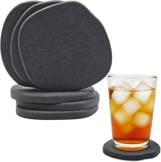 Diatomite Coasters Set of 6 | Absorbent Coasters for Drinks Cute Modern Unique Aesthetic Stone Coaster for Desks Coffee Table, Instant Drying, with 24 Scratch Protection Pads, Dark Grey