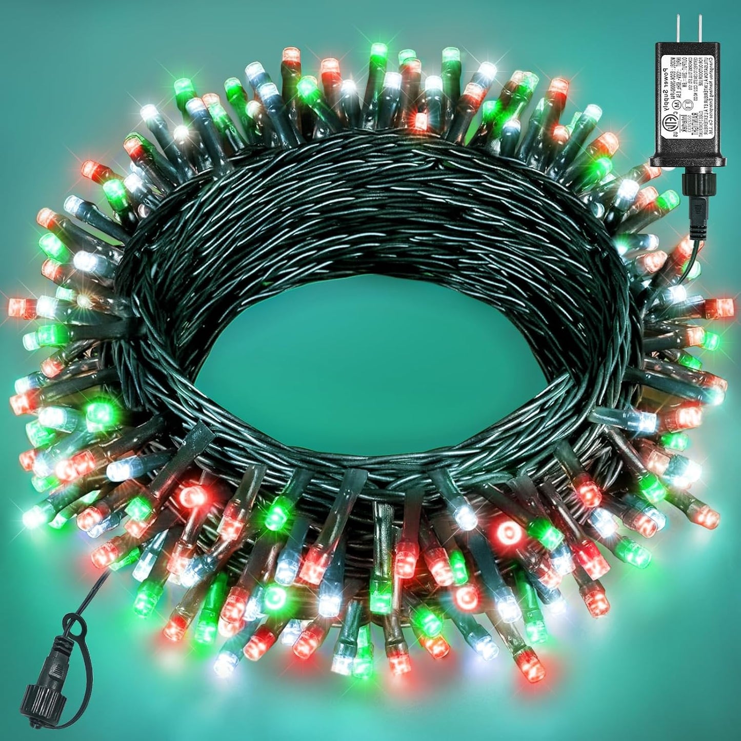 Christmas Lights Outdoor 40FT 120 LED, Green Wire Christmas Tree Lights with Waterproof, 8 Modes & Timer, Connectable String Twinkle Light for Indoor Yard Party Holiday Decorations, Red White Green