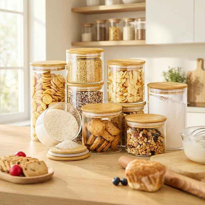 HomArtist Glass Jars with Bamboo Lids 53 FL OZ [Set of 4], Glass Canisters with Airtight Lids, Glass Food Storage Containers for Pasta, Oats, Coffee, Flour, Sugar, Rice, Best for Kitchen & Pantry