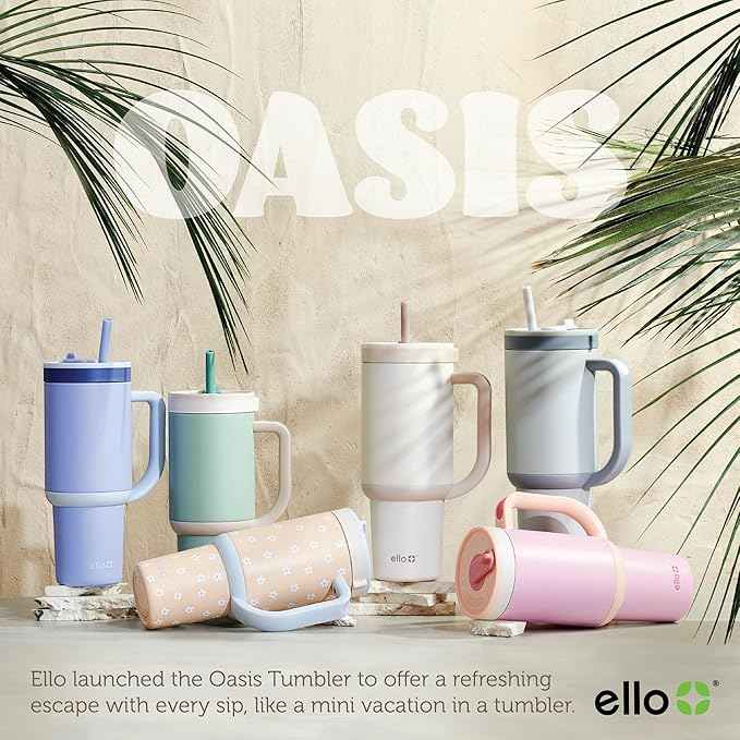 Ello Oasis 24oz Tumbler with Handle & Retracting Straw | Reusable Insulated Stainless Steel Cup 100% Leakproof, Gifts for Teens Women Men | Keeps cold for 24 Hours, Cup Holder Friendly, Orange Daisies