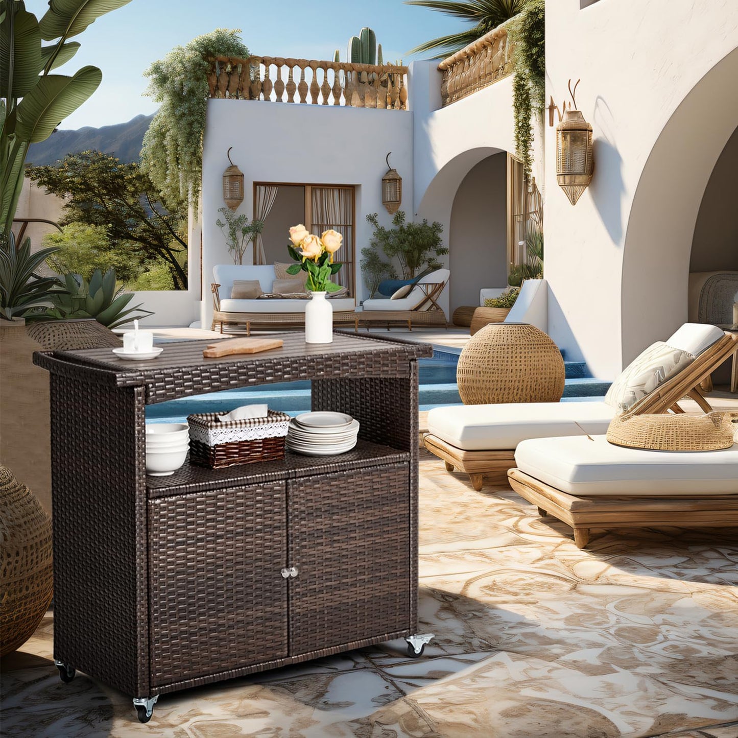 Outdoor Storage Cabinet,Outdoor Cabinet for Patio Outdoor Bar Cart with Rolling Heels Patio Bar Table with Storage Wicker Buffet Cabinet Prep Table Kitchen Serving Cart with Door,Shelves,Handle Brown