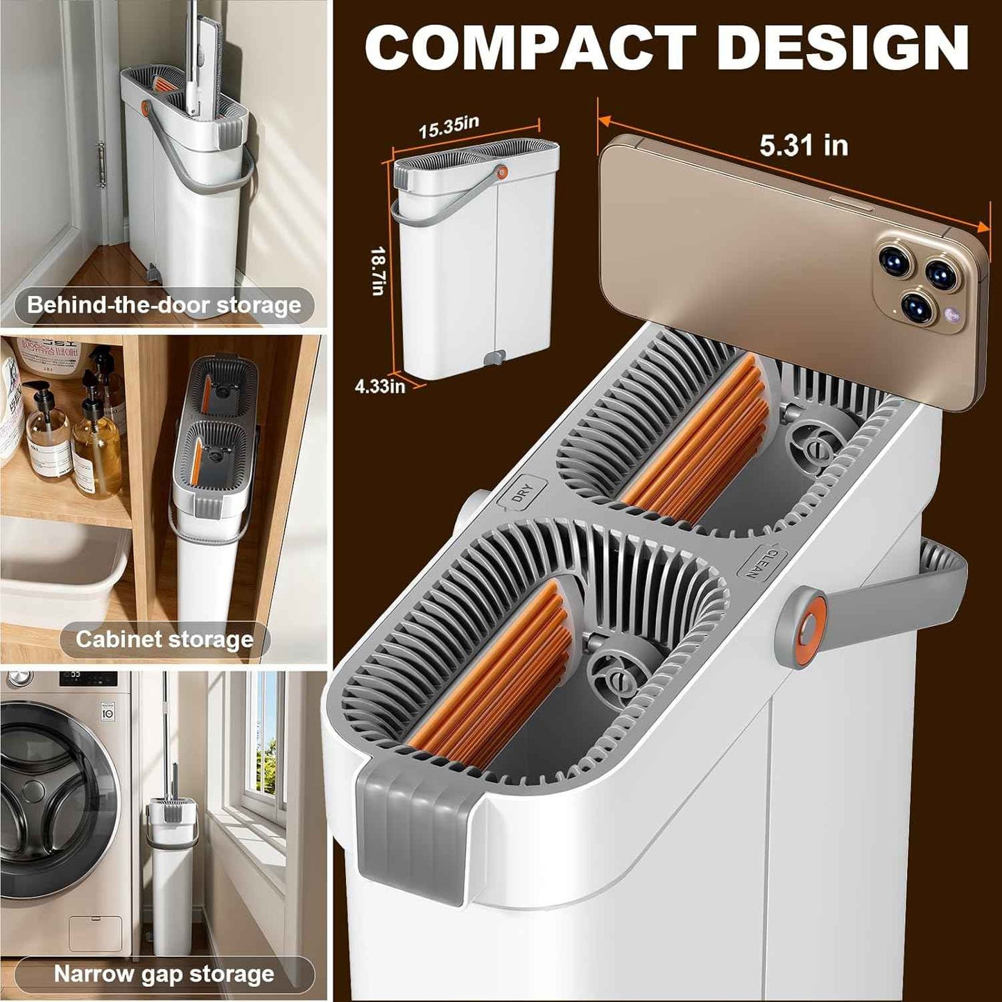 15.7" Flat Mop and Bucket Set with Wringer System | Wet Dry Floor Mop, 6 Reusable Microfiber Pads for Home, Tiny Home, Safe for Hardwood, Tile, Wall & Window Cleaning